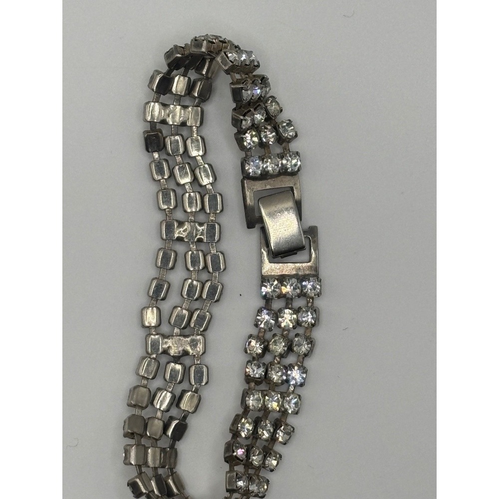 Vintage Rhinestone Tennis Bracelet Triple Row Silver Tone Fold Over Clasp